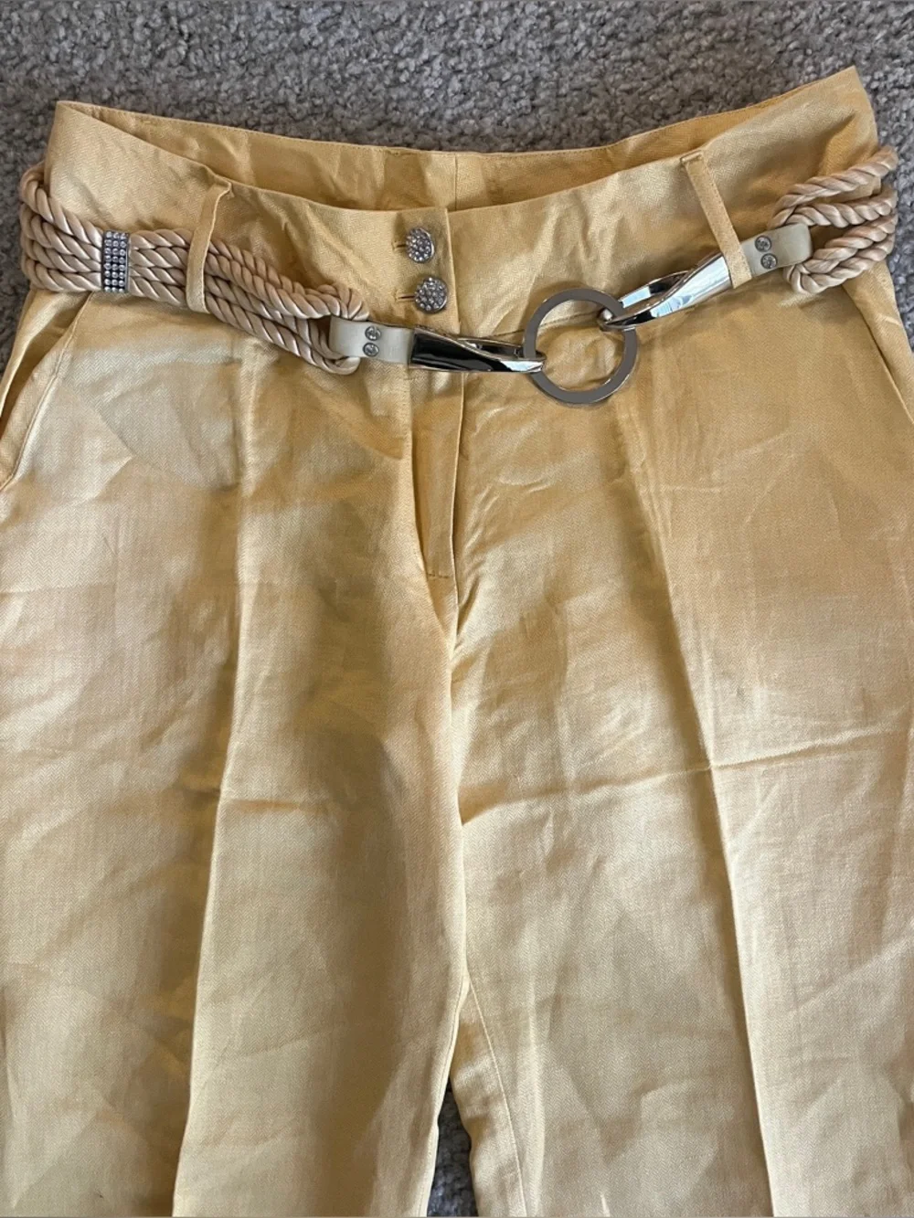 Vantarsi Women's Pale Yellow Linen Blend Belted Straight Pants Size L NWT Jewels - Picture 3 of 12